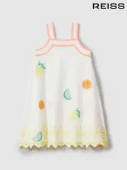Reiss Ivory Print Arabella 13-14 yrs Cotton-Linen Broderie Dress (990438) | $175