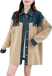 [Generic] Denim Patchwork Sweater Coat for Women Lapel Single Breasted Mid Length Cardigan Clothing