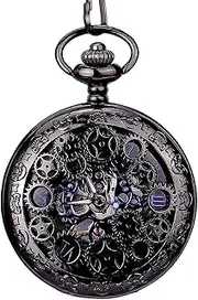 [New Brand Mall] Steampunk Blue Hands Roman letters Skeleton Mechanical Pocket Watch with Chain for Men Women