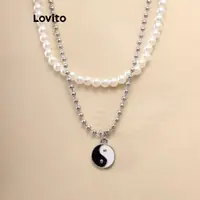 在飛比找蝦皮商城優惠-Lovito 休閒素色珍珠雙層太極八卦個性項鍊女式 LCS0