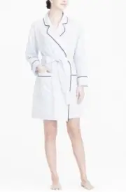 NWT 2013 J. Crew 100% Cotton Robe White with Dark Navy Piping ~ Small/Med
