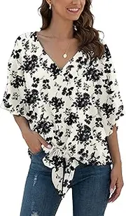 [Anelune] Women's Chiffon Blouses with V-Neck and Tie Front Batwing Sleeves Short Sleeve Summer Tops and Shirts, Black Flower White, M