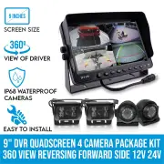 Elinz Quadscreen 9" DVR 4 Camera Package Kit 360 View Reversing Forward Side 12V 24V Bus Trucks Caravan