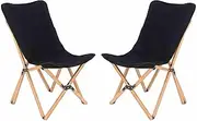Costway Butterfly Folding Chair Set of 2, Bamboo Dorm Chair with Storage Pocket, Sturdy Base, 150 kg Capacity, Carry Bag, Indoor & Outdoor Sling Chair for Camping, Fishing, Picnic, Bedroom (Black)