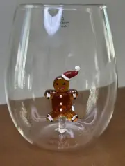 Gingerbread Man Stemless Wine Glass Christmas Holiday Santa Hat