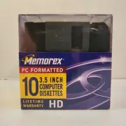 Memorex PC Formatted 3.5 Inch Computer Diskettes HD 10 Pack New Old Stock/Sealed
