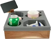 Couch Cup Holder Tray With 360° Swivel Stand - Silicone, Waterproof Wooden Drink Holder for Desk, Bed, Sofa, Car Seat - 10×10×3 Inch (Grey)