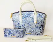 BRAHMIN Rare AQUARIUS STRATFORD FROSTED BLUE/SILVER ROSES Med DUXBURY and WALLET