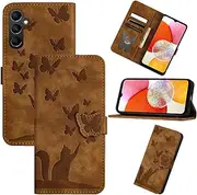 [Refilerss] Flip Case for Samsung Galaxy A14 6.6 Inch PU Leather Wallet Case with Card Slot Magnetic Clasp Stand Function Cover Cat Butterfly Pattern - Brown