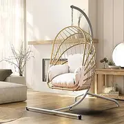 YITAHOME Wicker Swing Egg Chair with Cushions 370lbs, Foldable Hanging Basket Chair W/Stand Rattan Hammock Chair for Outdoor, Indoor, Patio, Bedroom - Beige