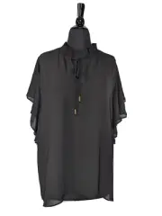 Tahari Black Sheer Chiffon Short Sleeve V-Neck Top Size 2X NWT