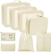 My Corgi Living 8-Piece Cube Travel Luggage Organizer Set - Efficient Luggage Separators & Travel Storage Cubes with Toiletry Makeup Bag, Shoe Bag - Perfect for Families, Men & Women (Beige)
