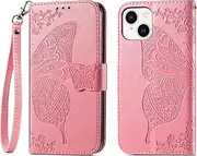 for iPhone 15 Wallet Case for Women, Flip Folio Kickstand PU Leather Case with Card Holder Wristlet Hand Strap, Stand Protective Cover for iPhone15 6.1'' Phone Cases (Pink, iPhone 15)