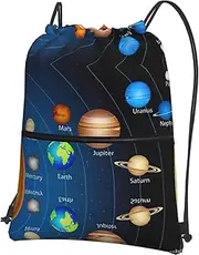 EdWal Outer Space Solar System Print Drawstring Backpack Gym Bags Sports Bags With Zipper Pocket For Travel Beach, Black, One Size
