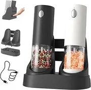CIRCLE JOY Electric Salt and Pepper Grinder Set Automatic Salt and Pepper Grinder Set with Charging Base and White LED Light, Adjustable Coarseness, USB Rechargeable, Washable Container, Black & White