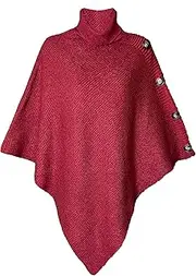 [Woke Creations] Solid Turtleneck Cape sleeve Knit Pullover Poncho for Women with Accent Buttons One Size