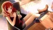 Anime girls food eating purple eyes redhead legs love Playmat Game Mat Desk