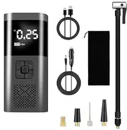 Portable Air Compressor Tire Inflator Upgrade 6000mAh Mini Electric Air Pump 150 PSI Type-C Tire Pump for Car Tires Large LCD screen Fast Inflation Memory Function Bag 4 Valve Converter for Car/Bike/Motorcycle/Ball