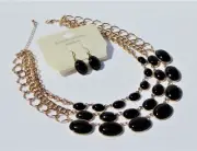 Jaclyn Smith Black & Gold Tone Necklace & Pierced Earrings Set "New"