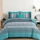 Boho Full Size Comforter Set 8 Pieces, Teal Comforter Bohemian Striped Bed in