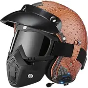 Motorcycle Jet Helmet Motorcycle Helmet Retro Open Face Half Shell Helmet with Bluetooth and Detachable Brim for Adult Men Women Cruiser Motorcycle DOT/ECE Approved