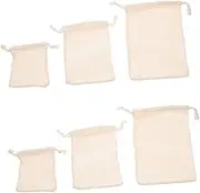 6pcs Drawstring Bag Cotton Fruit Basket Mesh Net Bags Washable Produce Bags Baguette Veggie Mesh Grocery Bags Tote Vegetables Produce Storage Bags Mesh Vegetable Bags Market Beige