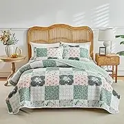 Joyreap 3 Pieces Floral Patchwork Quilt Set Queen, Green Flowers Design, Soft n Cozy Microfiber Quilt, Bedspread Bed Cover for All Season, 1 Quilt and 2 Pillow Shams- 90x90 inches