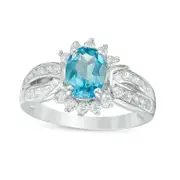 Oval Blue and White Topaz Frame Double Row Ring in Sterling Silver