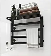 Heated Towel Rack 4 Bars, Towel Drying Rack Wall-Mounted with Top Storage Rack, Electric Hot Towel Warmer for Bathroom with Timer Temperature Adjustment LCD Display,Black,Left Line