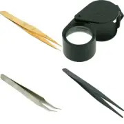 Tweezer Set with Loupe & Diamond Tweezers - Brass Anti-Magnetic, Fine Tip Curved