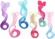 6Pcs Hair Extension Clip-Colored Curly Hair Extension Clip,Cute Bow Kids Ponytail Girl Hair Extension,Princess Costume Dress Up Hair Accessories,Bow Curl Rainbow Hair Extension for Kids (6 colors)