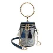 Women Ring Handle Straw Bucket Barrel Bag Pouch Rattan Messenger Handbag Tote Outdoor Travel BLUE COLOR