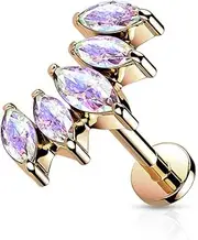 [Pierced Owl] 16GA All Surgical Steel Internally Threaded 5 CZ Marquise Fan Set Curved Top Lip Cartilage Stud