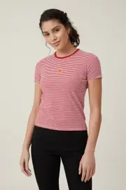 [Cotton On Women] Cotton On Women - Fitted Graphic Longline Tee - Berry / red white stripe M BERRY / RED WHITE STRIPE