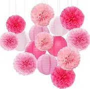 Light-Hot Pink Party-Decorations Paper-Flowers Lanterns- 15pcs Graduation Girl Birthday Decor Tissue Pom Poms Streamers, Bridal Baby Shower Wedding Bachelorette Valentine Hanging Supplies Hugfond