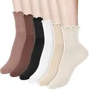 [Qianyu] 6 Pairs Ruffle Socks for Women Cute Ruffle Socks Casual Ankle Wrap Socks Breathable Knitted Warm Soft Crew Ankle Boot Socks Vintage Dress, Black, white, beige, khaki, light brown, dark brown,