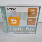 Blank TDK 5 Pack DVD-RW Discs 4x 4.7GB Data Video Single Sided Sealed Pack