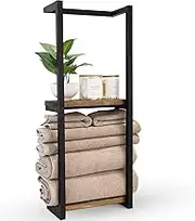 Towel Rack Wall Mounted with Wood Shelf,Wall Towel Rack Rolled Towels, Beautiful Storage for Small Bathroom, Neat Organizer for Rolled Towels, 3 Sturdy Iron Bars, Black