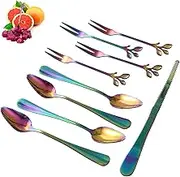 Boat-GS [9 Pack] Stainless Steel Grapefruit Spoons Set, Contains 4 Jagged Grapefruit Spoon and 1 curved Grapefruit Knife and 4 fruit forks, Dishwasher safety-Rainbow colors