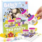 Bluey Paint & Play Tea Set, 6-Piece Wooden Tea Party, Customize with Paint & Stickers, 2 Wearable Crowns, Fun Kids Pretend Play Toys