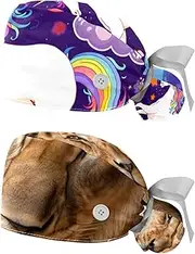[YTYVAGT] 2-Pc,Nurse Scrub Caps,Scrub Hats with Buttons and Cotton Sweatband,Unicorn Rainbow Moon Clouds
