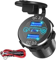 OCTODER USB C Car Charger Socket, 30W PD Type-C & 30W Dual QC 3.0 USB Socket Port with Touch Switch for 12V/24V Car RV Marine