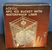 VINTAGE Acrylic Ice Bucket - Clear Lucite Cube Shape w/ Tongs - 4 Piece MCM NEW