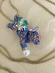 Betsey Johnson LONG Blue Crystal Elephant Faux Pearl Necklace 3D Articulated Ear