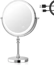 UUCOLOR Makeup Mirror with Lights USB Rechargeable 8 Inch 3 Color Lights Two Sided 1X/10X Magnification LED Mirror Touch Control Intelligent Shutdown 360°Rotation Light up Mirror Chrome Finish