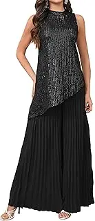 [VERWIN] 2 Piece Outfits Sequins Top Asymmetrical Sleeveless Top Wide Leg Long Pleated Pants Lounge Set Mock Neck Shirt