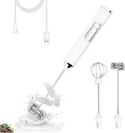 TonJin Electric Double Whisk Milk Frother Handheld White USB Rechargeable Drink Mixer, 3 Speeds Adjustable Electric Whisk Foam Maker Detachable for Coffee, Lattes, Matcha, Hot Chocolate