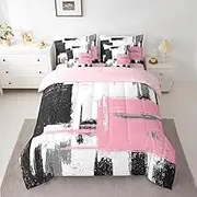 Feelyou Abstract 7 Piece Bedding Set Modern Abstract Art Comforter Ultra Soft Decor Black Pink White Bed Set Includes Comforter, Sheet Set, Pillowcases & Pillow Covers Queen Size