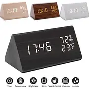 Wooden Digital Alarm Clock with Wooden Electronic LED Time Display 3 Alarm Settings Humidity Temperature Detect Wood Made Electric Clocks for Bedroom
