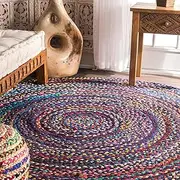 [Aizza Trends] Indian Handmade Braided Blue Shade Multi Cotton Area Rug- Jute Rug- Dining Room- Living Room Size - 8 x 8 Feet Round (240 cm x 240 cm)